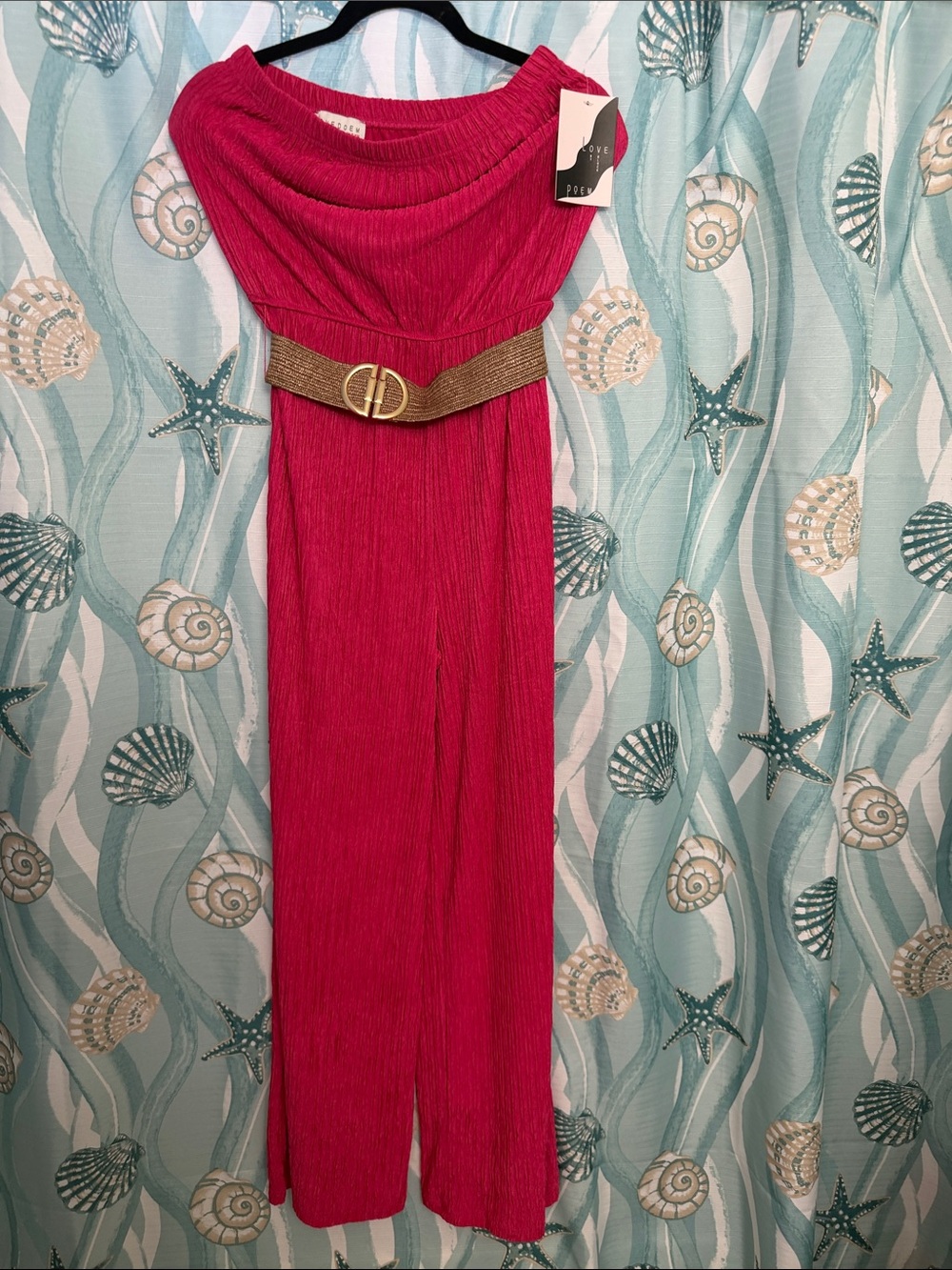 Fuchsia Off-Shoulder Jumpsuit with Gold Accent Belt